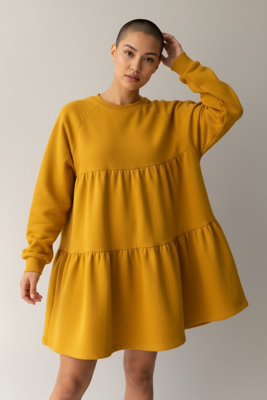 Karlie Mustard Yellow Sweatshirt Dress Tiered Ruffle Cotton Medium